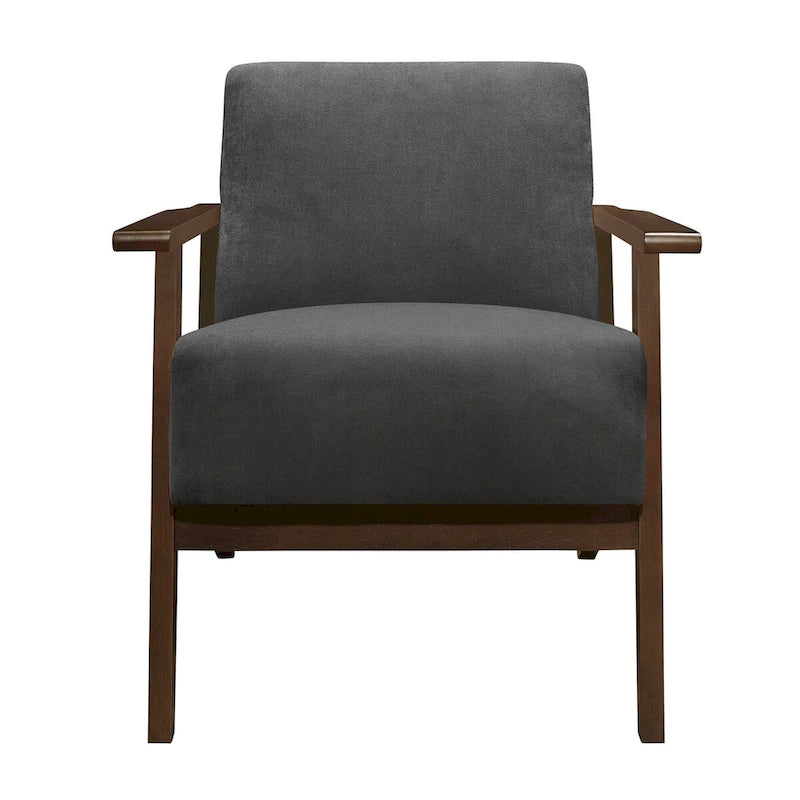 32 Inch Accent Armchair, Dark Gray Velvet, Walnut Brown Solid Wood