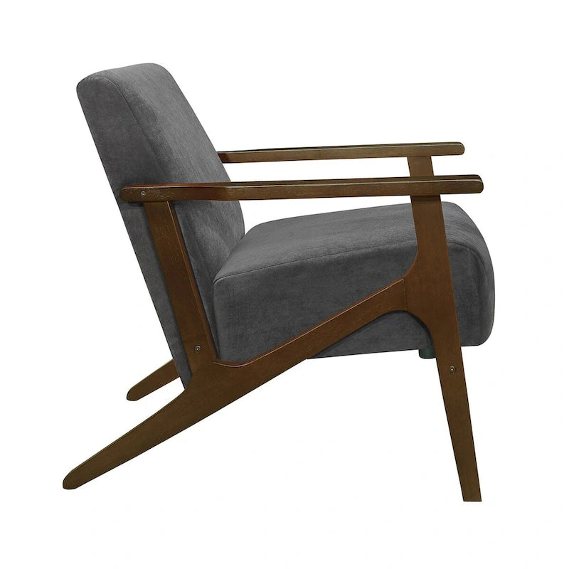 32 Inch Accent Armchair, Dark Gray Velvet, Walnut Brown Solid Wood