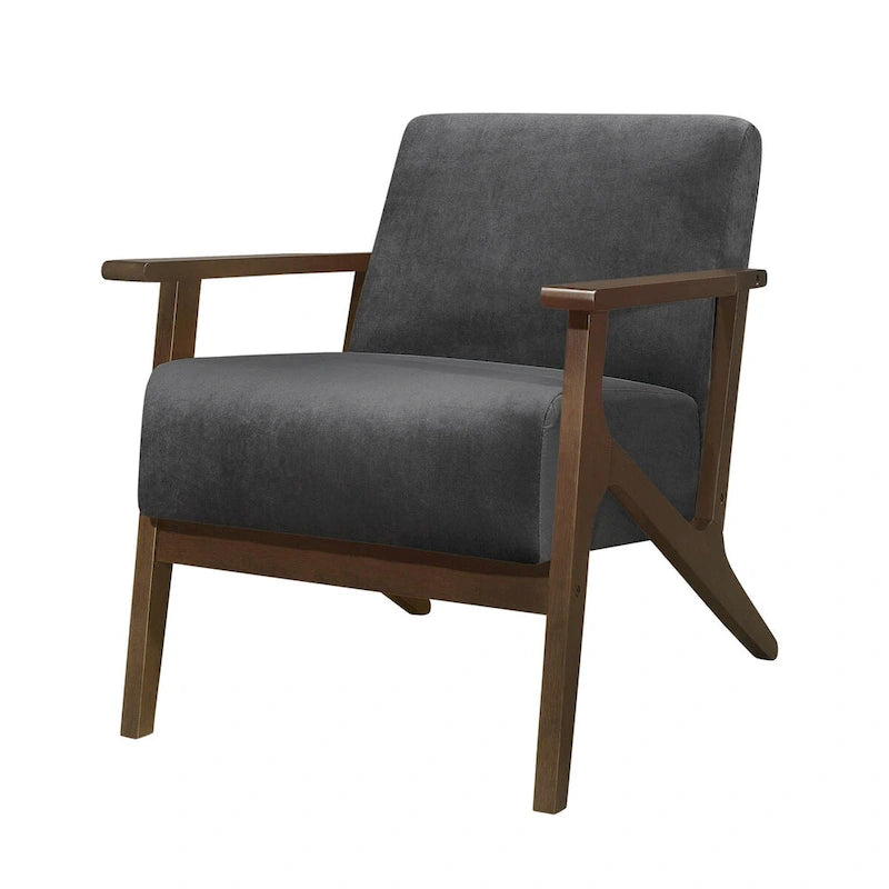 32 Inch Accent Armchair, Dark Gray Velvet, Walnut Brown Solid Wood
