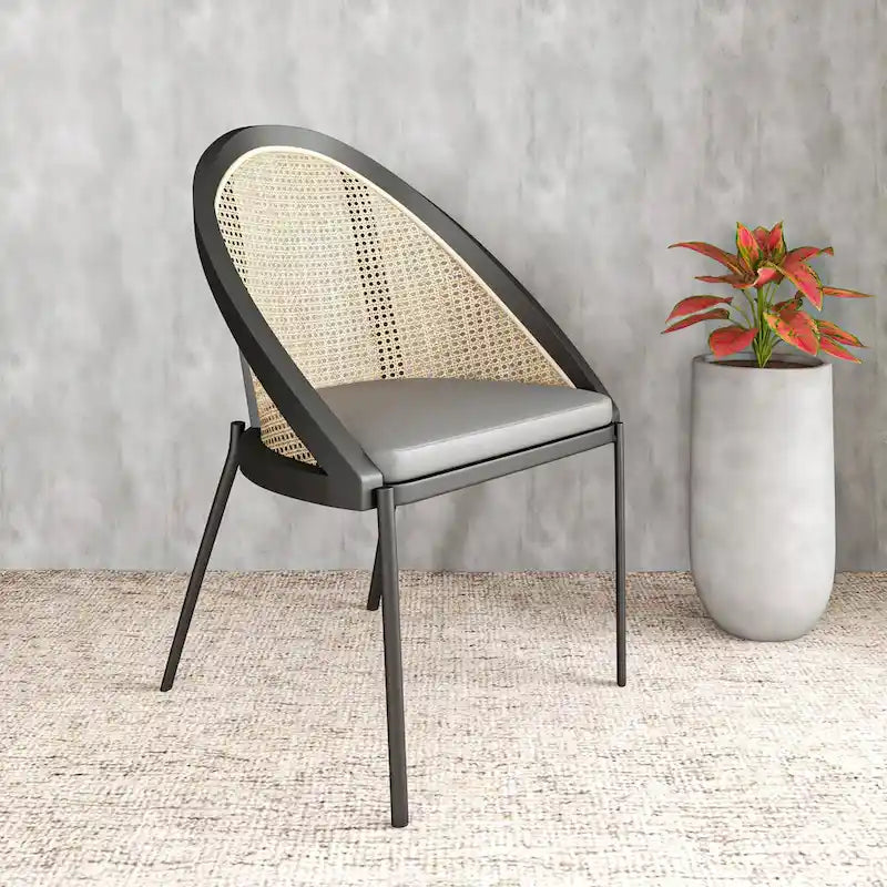 Urbane Modern Stylish Dining Chair with Leather Seat and Wicker Back for Dining Room & Kitchen