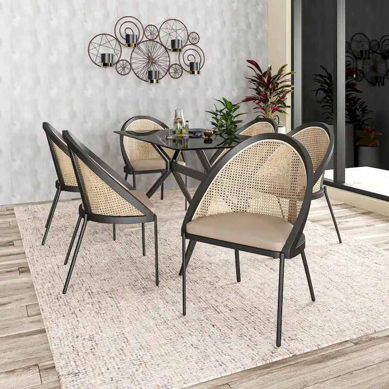 Urbane Modern Stylish Dining Chair with Leather Seat and Wicker Back for Dining Room & Kitchen