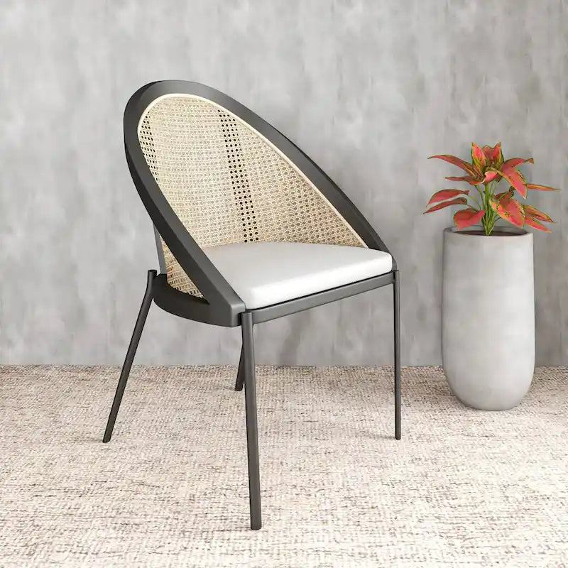 Urbane Modern Stylish Dining Chair with Leather Seat and Wicker Back for Dining Room & Kitchen