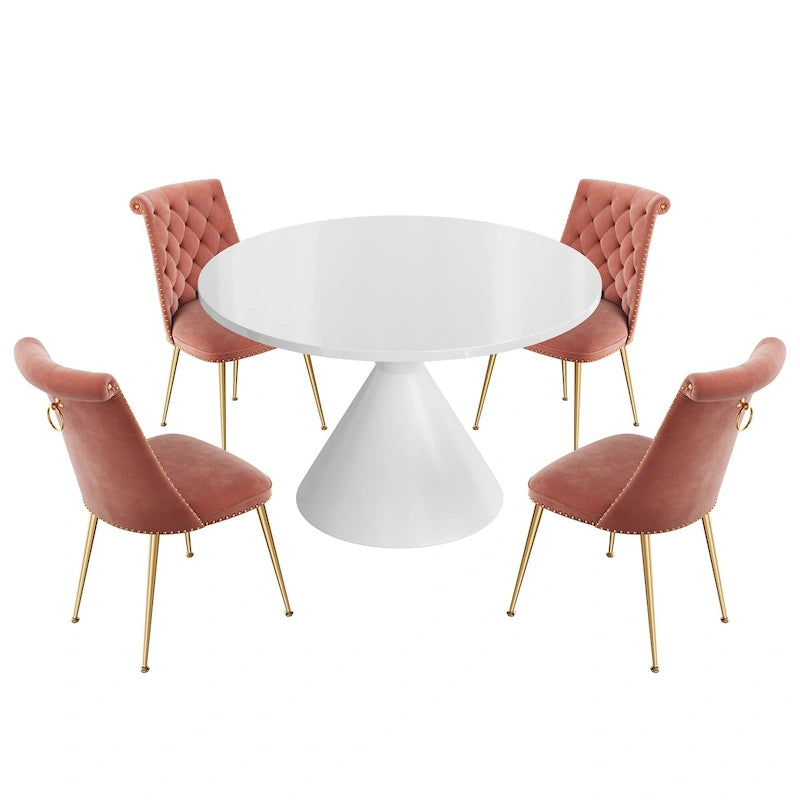 48  Light Luxury White High Gloss Large Countertop Dining Table with Velvet Dining Chair Set