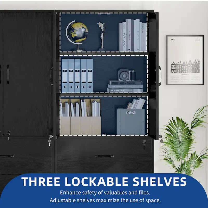 68 H Large Heavy Duty Wood File Cabinets 2-Drawer Storage Cabinet with Lock and Adjustable Shelves