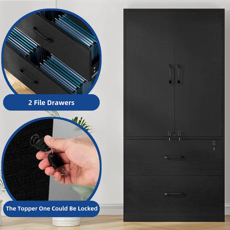 68 H Large Heavy Duty Wood File Cabinets 2-Drawer Storage Cabinet with Lock and Adjustable Shelves