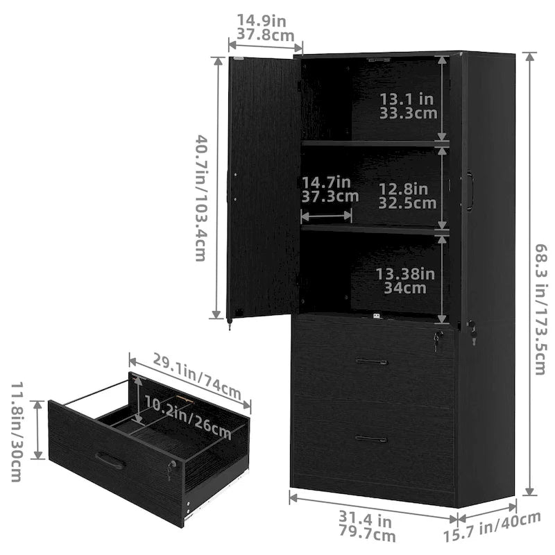 68 H Large Heavy Duty Wood File Cabinets 2-Drawer Storage Cabinet with Lock and Adjustable Shelves