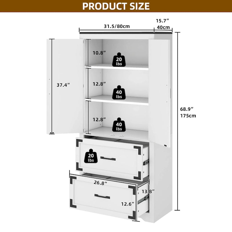 68 H Large Heavy Duty Wood File Cabinets 2-Drawer Storage Cabinet with Lock and Adjustable Shelves