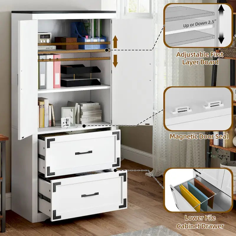 68 H Large Heavy Duty Wood File Cabinets 2-Drawer Storage Cabinet with Lock and Adjustable Shelves