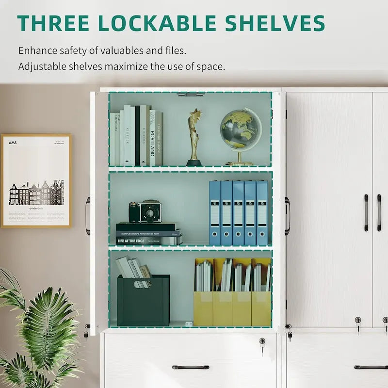68 H Large Heavy Duty Wood File Cabinets 2-Drawer Storage Cabinet with Lock and Adjustable Shelves