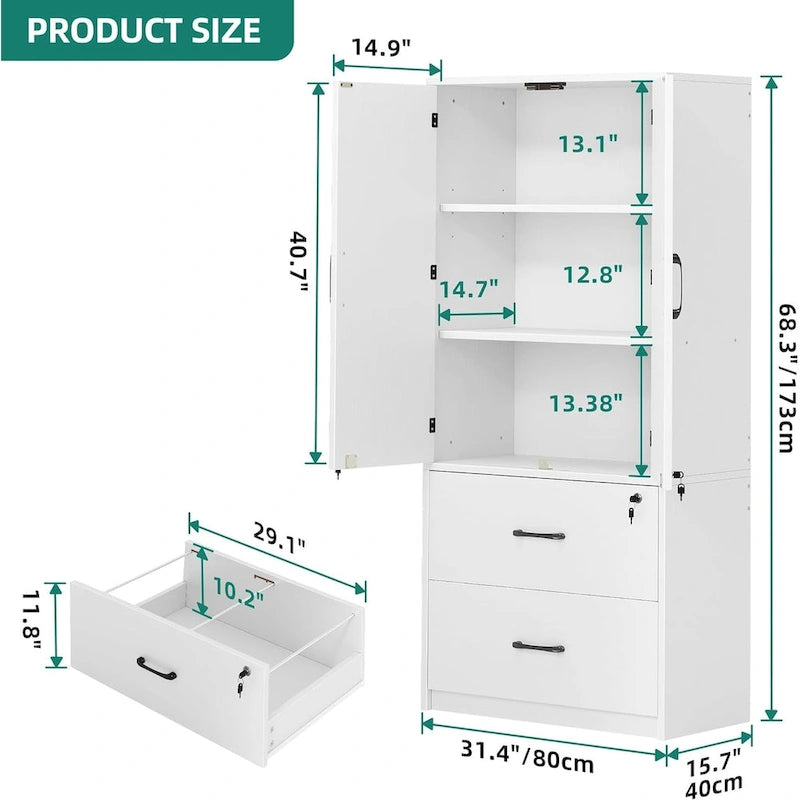 68 H Large Heavy Duty Wood File Cabinets 2-Drawer Storage Cabinet with Lock and Adjustable Shelves