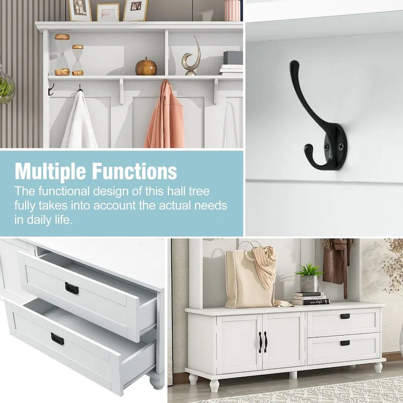 Modern Style Hall Tree with Storage Cabinet and 2 Large Drawers,Widen Mudroom Bench with 5 Coat Hooks