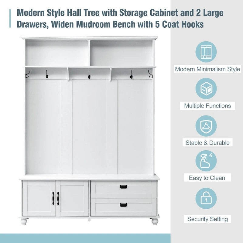 Modern Style Hall Tree with Storage Cabinet and 2 Large Drawers,Widen Mudroom Bench with 5 Coat Hooks