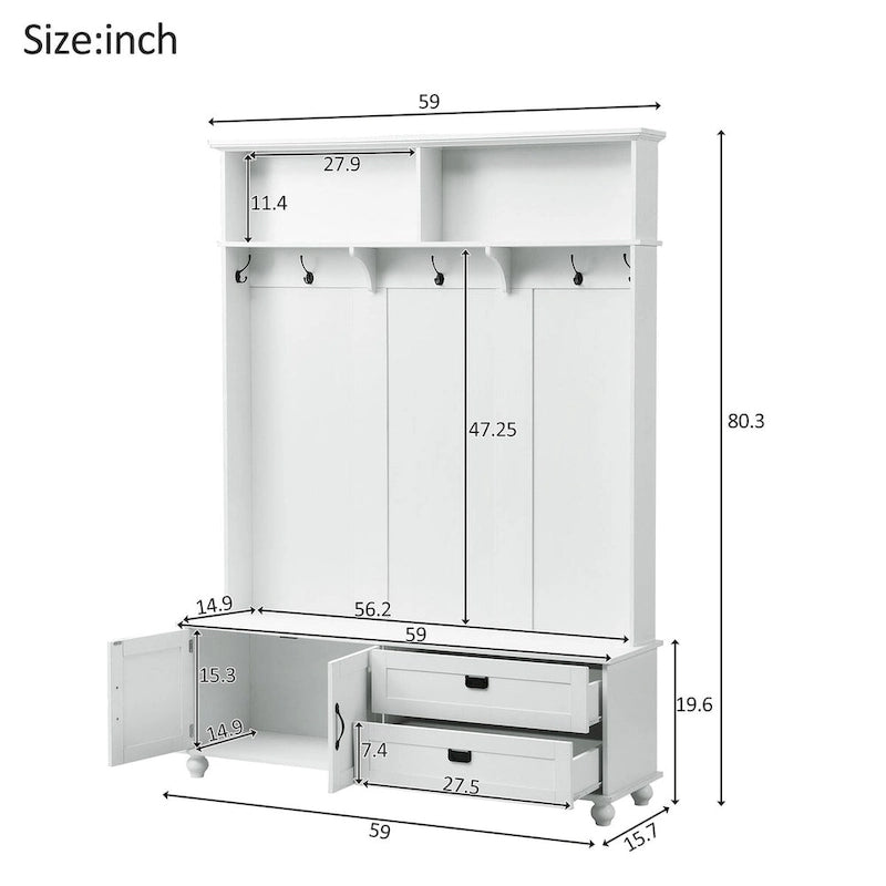 Modern Style Hall Tree with Storage Cabinet and 2 Large Drawers,Widen Mudroom Bench with 5 Coat Hooks