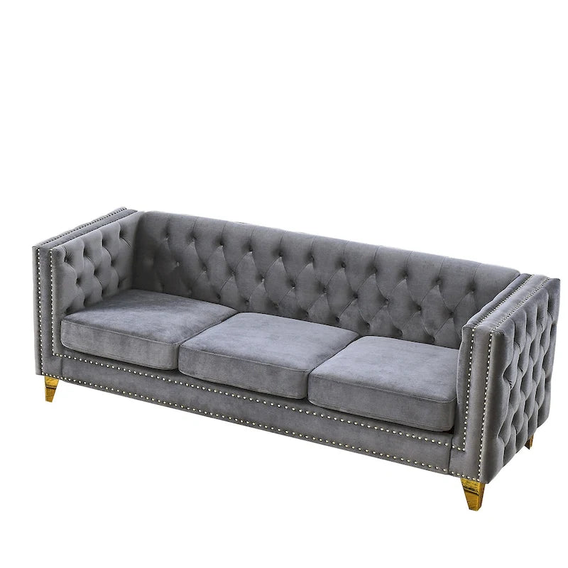 Velvet Sofa for Living Room,Buttons Tufted Square Arm Couch, Modern Couch Upholstered Button and Metal Legs