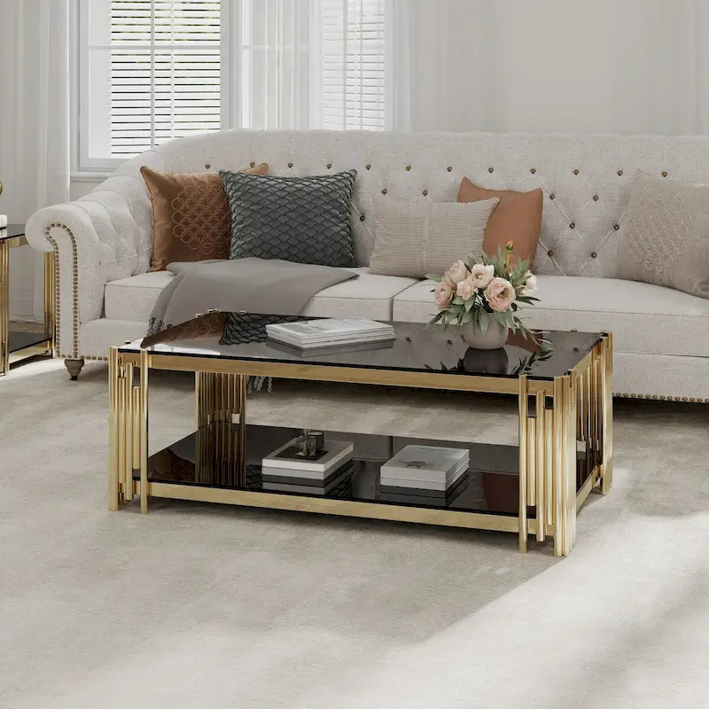 48  Wide Rectangular Coffee Table with Glass Top, Stainless Steel Double-Layer Coffee Table