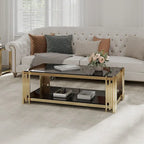 48  Wide Rectangular Coffee Table with Glass Top, Stainless Steel Double-Layer Coffee Table