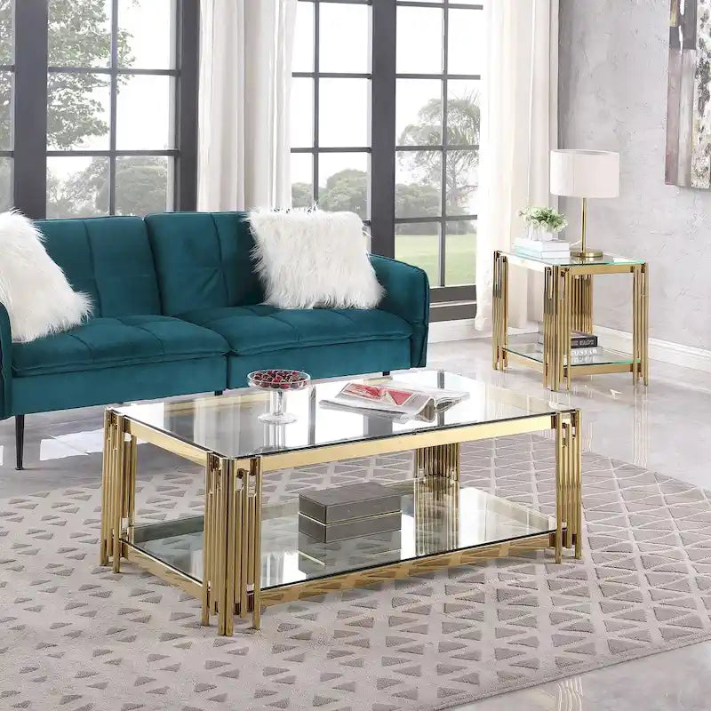 48  Wide Rectangular Coffee Table with Glass Top, Stainless Steel Double-Layer Coffee Table
