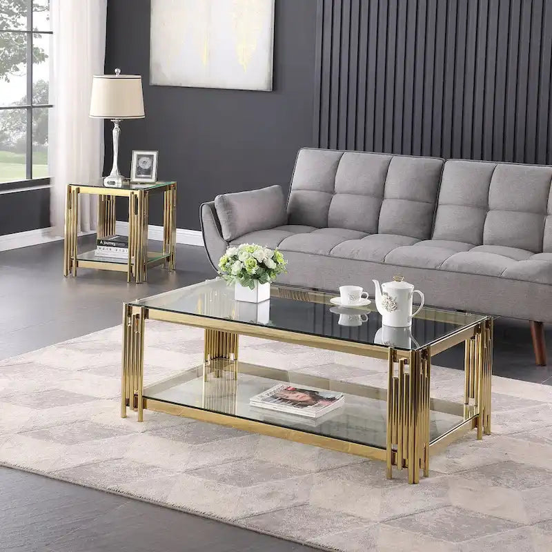 48  Wide Rectangular Coffee Table with Glass Top, Stainless Steel Double-Layer Coffee Table