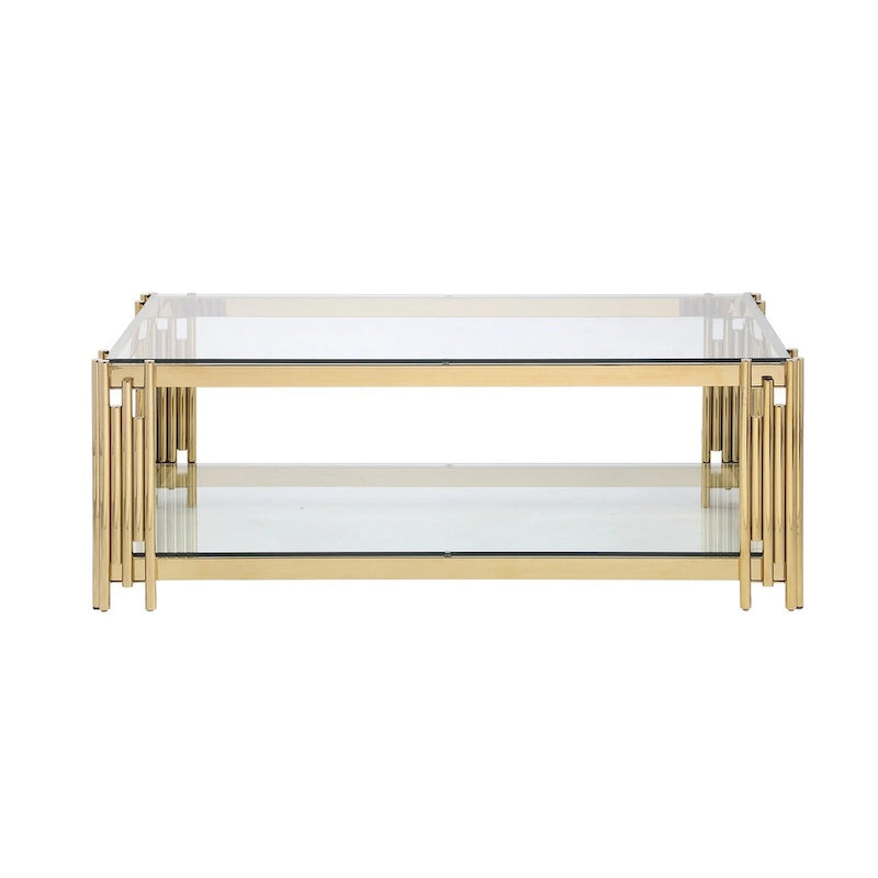 48  Wide Rectangular Coffee Table with Glass Top, Stainless Steel Double-Layer Coffee Table