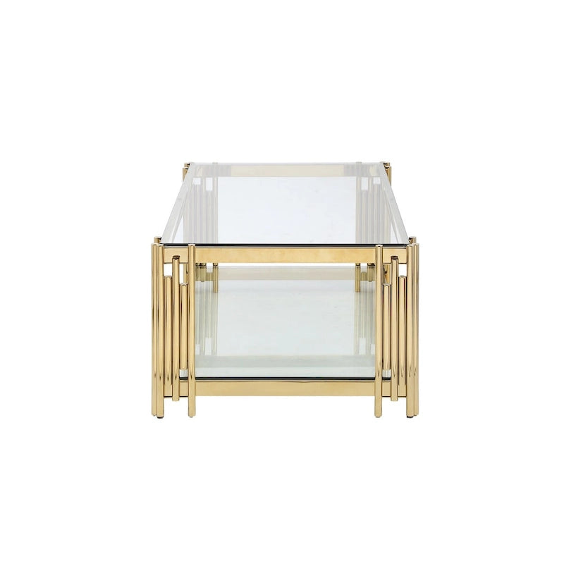 48  Wide Rectangular Coffee Table with Glass Top, Stainless Steel Double-Layer Coffee Table