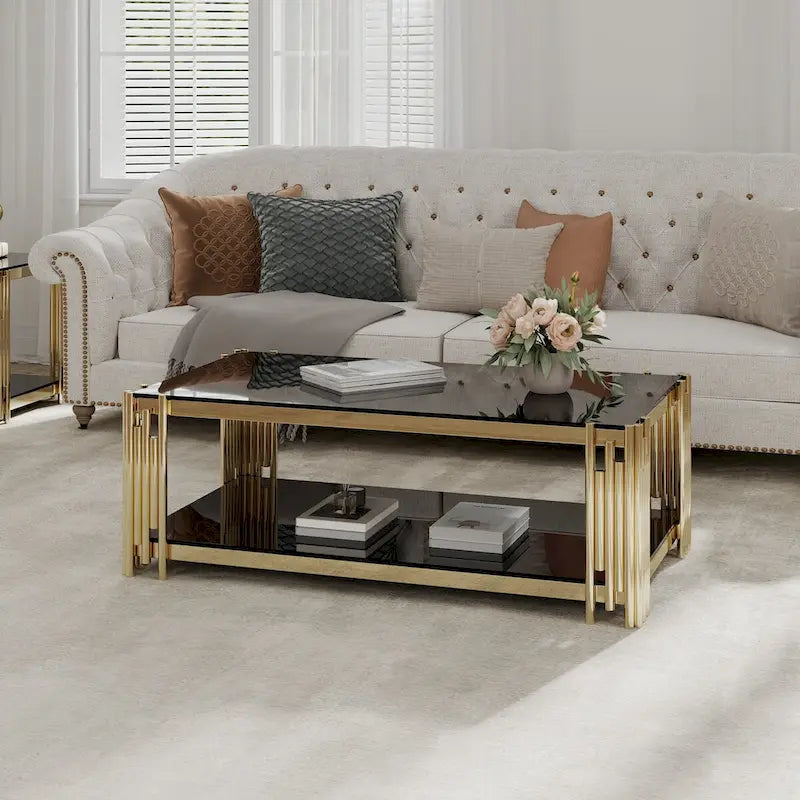 48  Wide Rectangular Coffee Table with Glass Top, Stainless Steel Double-Layer Coffee Table