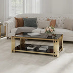 48  Wide Rectangular Coffee Table with Glass Top, Stainless Steel Double-Layer Coffee Table