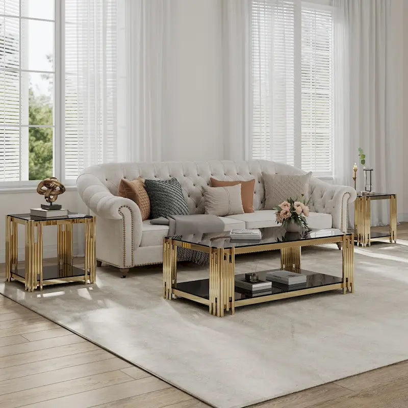 48  Wide Rectangular Coffee Table with Glass Top, Stainless Steel Double-Layer Coffee Table