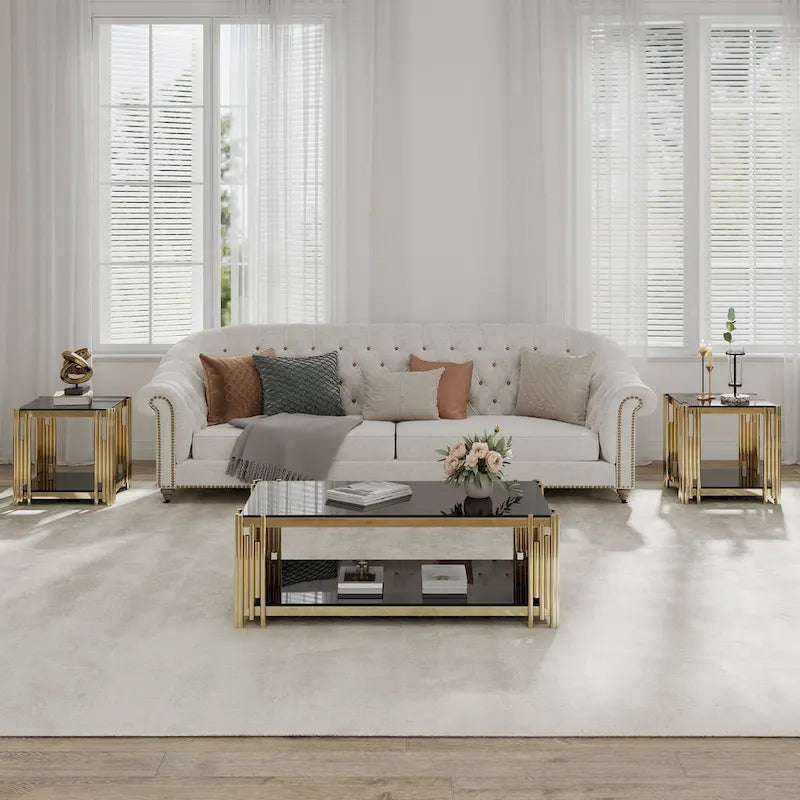 48  Wide Rectangular Coffee Table with Glass Top, Stainless Steel Double-Layer Coffee Table