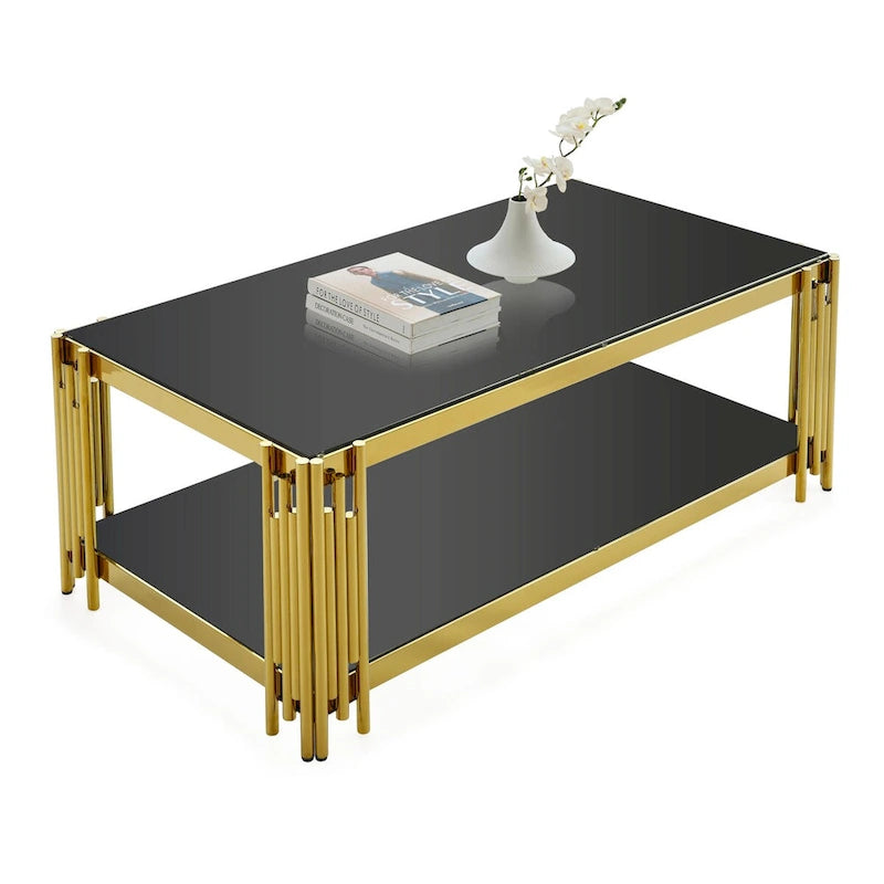 48  Wide Rectangular Coffee Table with Glass Top, Stainless Steel Double-Layer Coffee Table