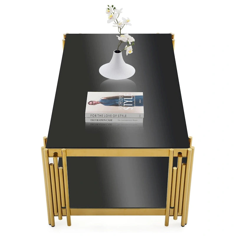 48  Wide Rectangular Coffee Table with Glass Top, Stainless Steel Double-Layer Coffee Table