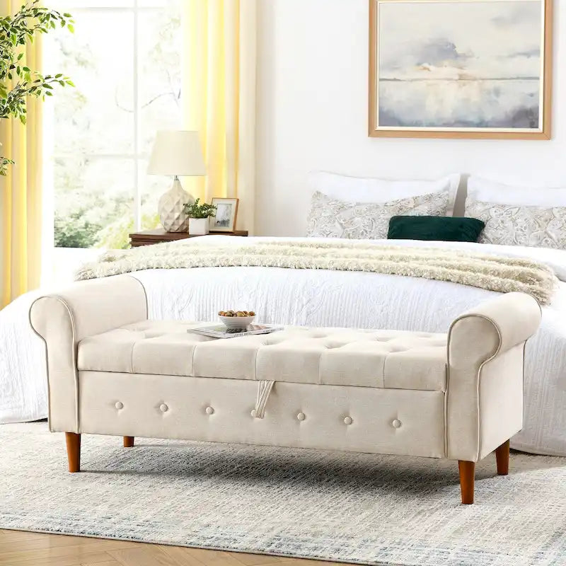 62  Bedroom Tufted Button Storage Bench, Modern Fabric Upholstered Ottoman, Window Bench, Rolled Arm Design for Bedroom