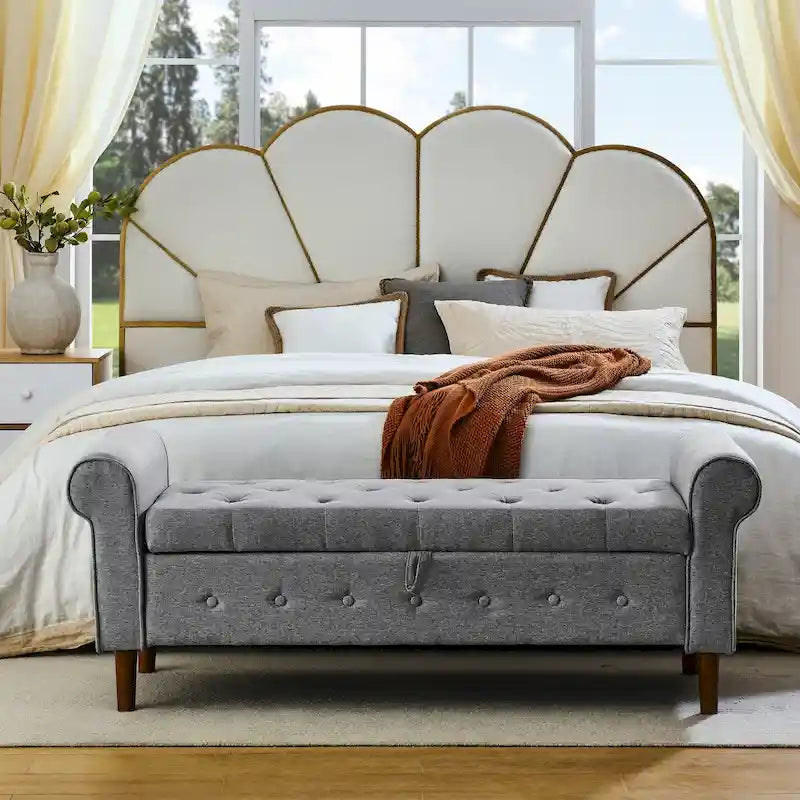 62  Bedroom Tufted Button Storage Bench, Modern Fabric Upholstered Ottoman, Window Bench, Rolled Arm Design for Bedroom