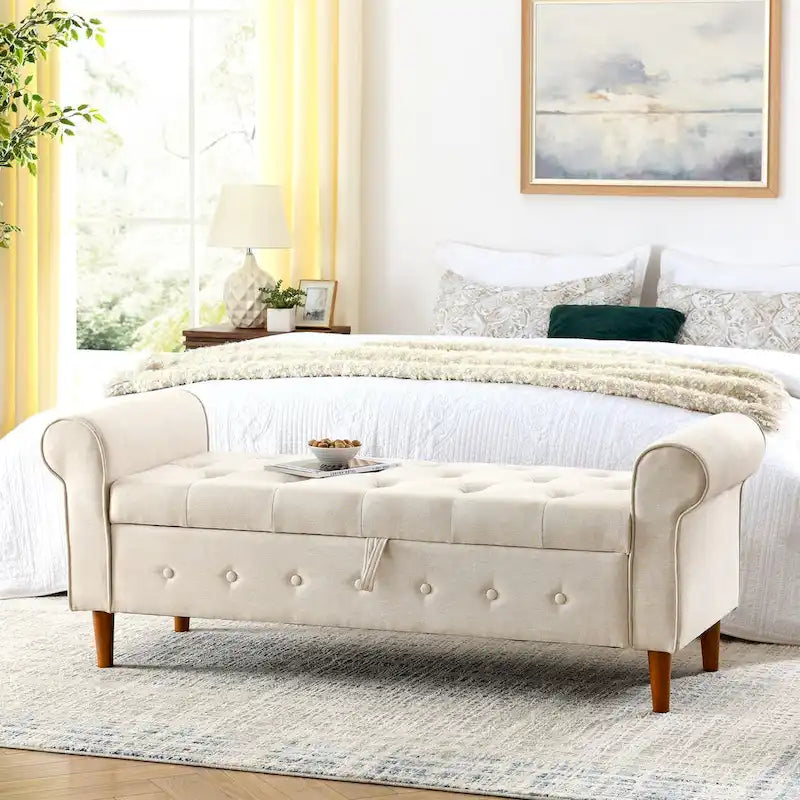 62  Bedroom Tufted Button Storage Bench, Modern Fabric Upholstered Ottoman, Window Bench, Rolled Arm Design for Bedroom