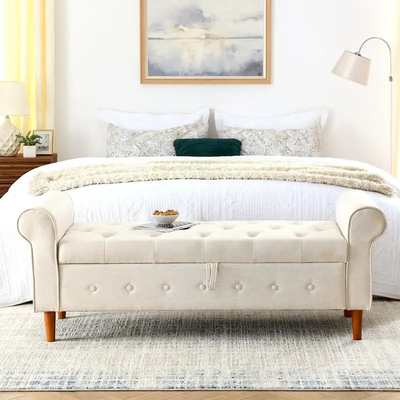 62  Bedroom Tufted Button Storage Bench, Modern Fabric Upholstered Ottoman, Window Bench, Rolled Arm Design for Bedroom