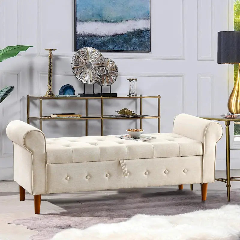 62  Bedroom Tufted Button Storage Bench, Modern Fabric Upholstered Ottoman, Window Bench, Rolled Arm Design for Bedroom
