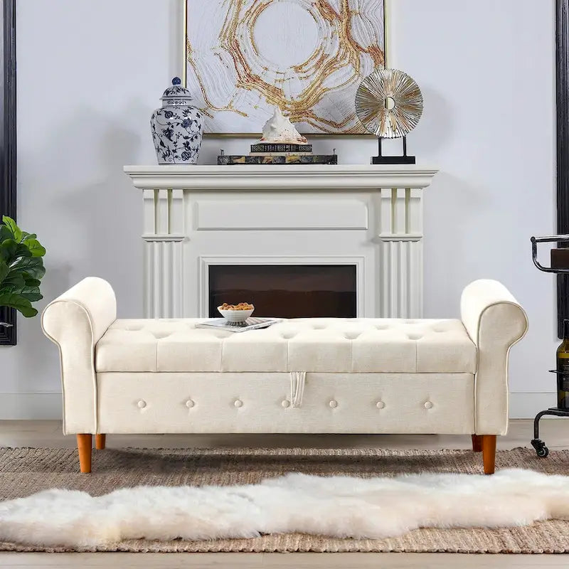 62  Bedroom Tufted Button Storage Bench, Modern Fabric Upholstered Ottoman, Window Bench, Rolled Arm Design for Bedroom