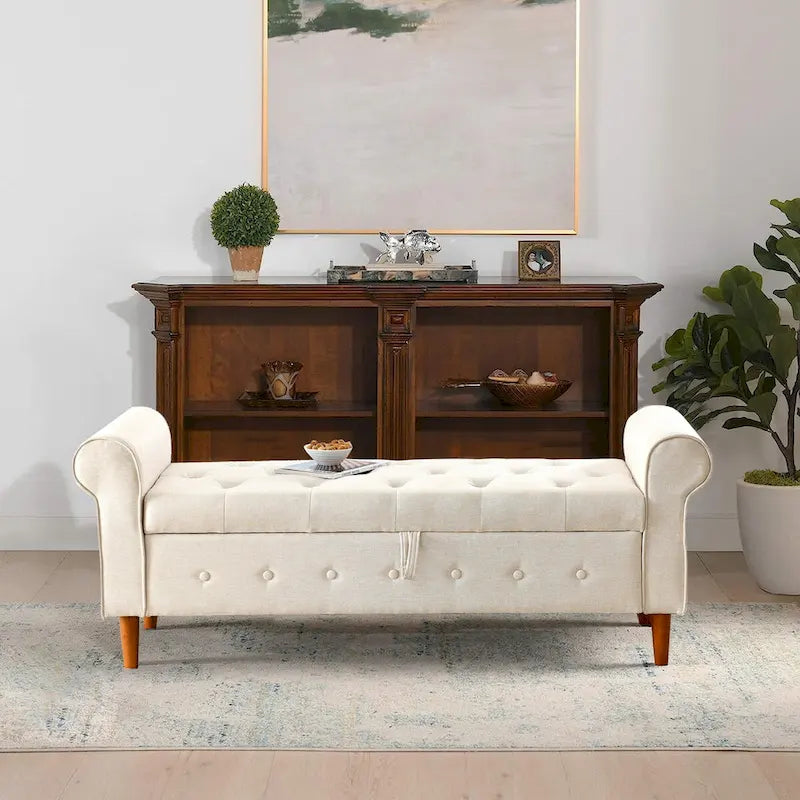 62  Bedroom Tufted Button Storage Bench, Modern Fabric Upholstered Ottoman, Window Bench, Rolled Arm Design for Bedroom