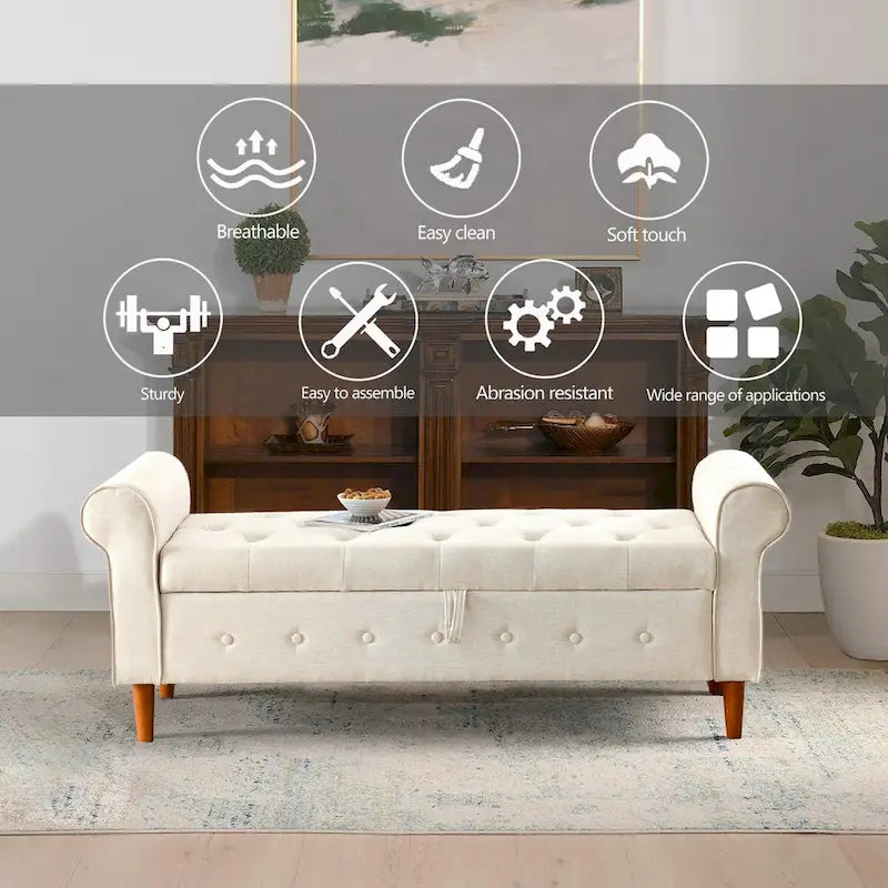 62  Bedroom Tufted Button Storage Bench, Modern Fabric Upholstered Ottoman, Window Bench, Rolled Arm Design for Bedroom