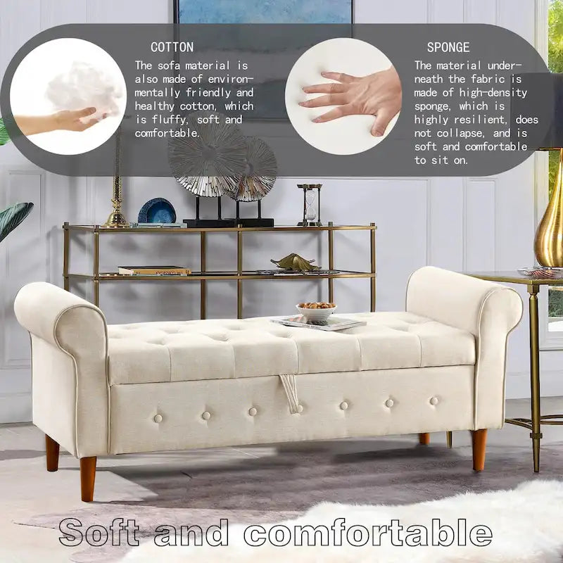 62  Bedroom Tufted Button Storage Bench, Modern Fabric Upholstered Ottoman, Window Bench, Rolled Arm Design for Bedroom
