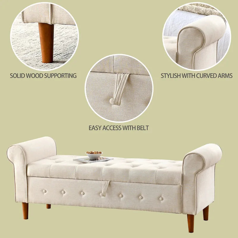 62  Bedroom Tufted Button Storage Bench, Modern Fabric Upholstered Ottoman, Window Bench, Rolled Arm Design for Bedroom