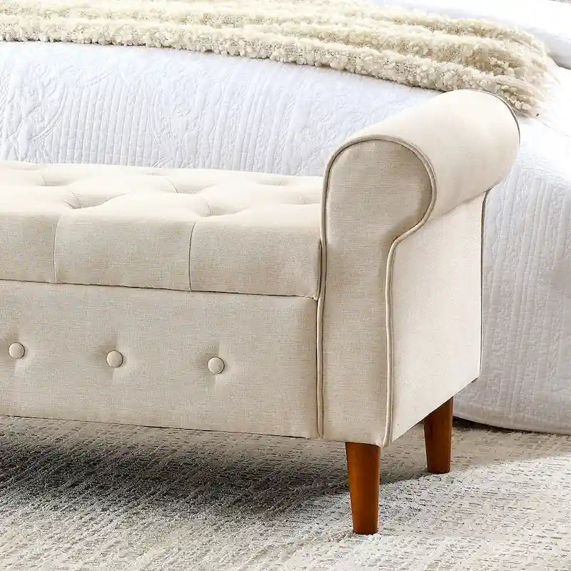 62  Bedroom Tufted Button Storage Bench, Modern Fabric Upholstered Ottoman, Window Bench, Rolled Arm Design for Bedroom