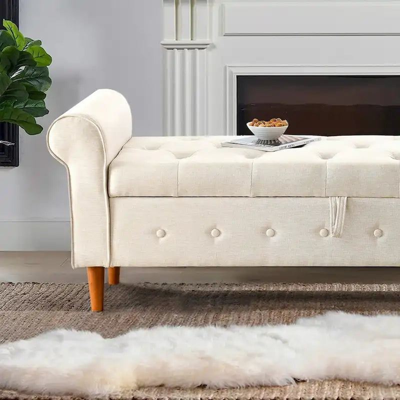 62  Bedroom Tufted Button Storage Bench, Modern Fabric Upholstered Ottoman, Window Bench, Rolled Arm Design for Bedroom