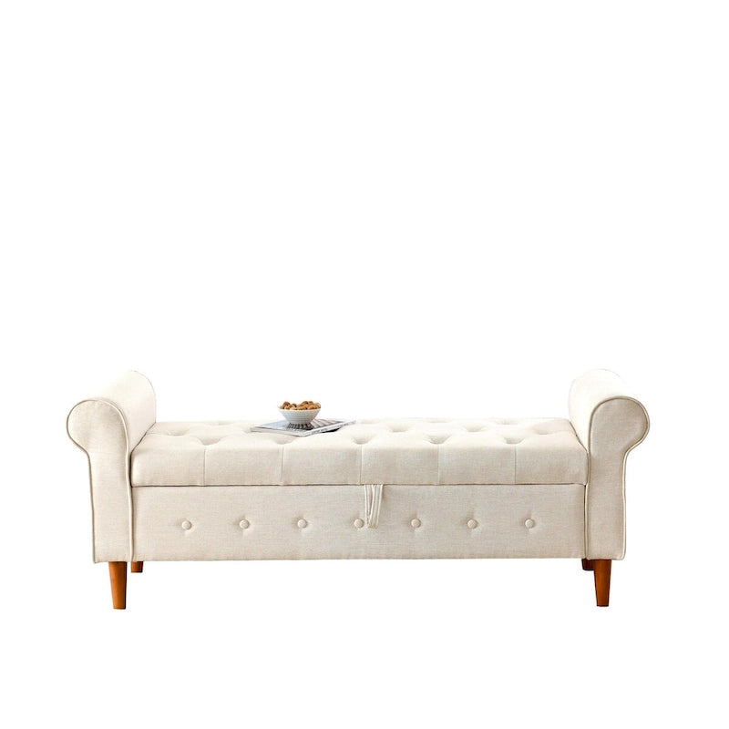 62  Bedroom Tufted Button Storage Bench, Modern Fabric Upholstered Ottoman, Window Bench, Rolled Arm Design for Bedroom
