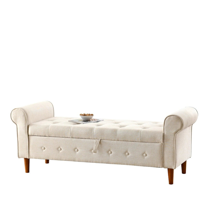 62  Bedroom Tufted Button Storage Bench, Modern Fabric Upholstered Ottoman, Window Bench, Rolled Arm Design for Bedroom