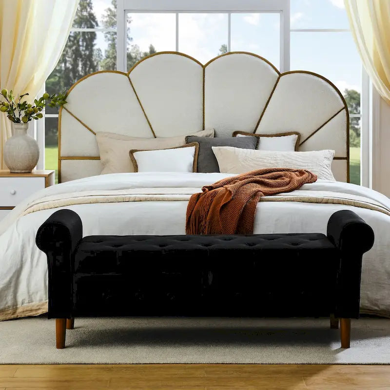 62  Bedroom Tufted Button Storage Bench, Modern Fabric Upholstered Ottoman, Window Bench, Rolled Arm Design for Bedroom
