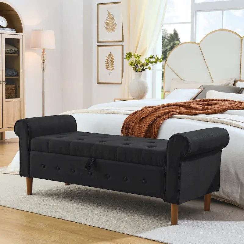 62  Bedroom Tufted Button Storage Bench, Modern Fabric Upholstered Ottoman, Window Bench, Rolled Arm Design for Bedroom