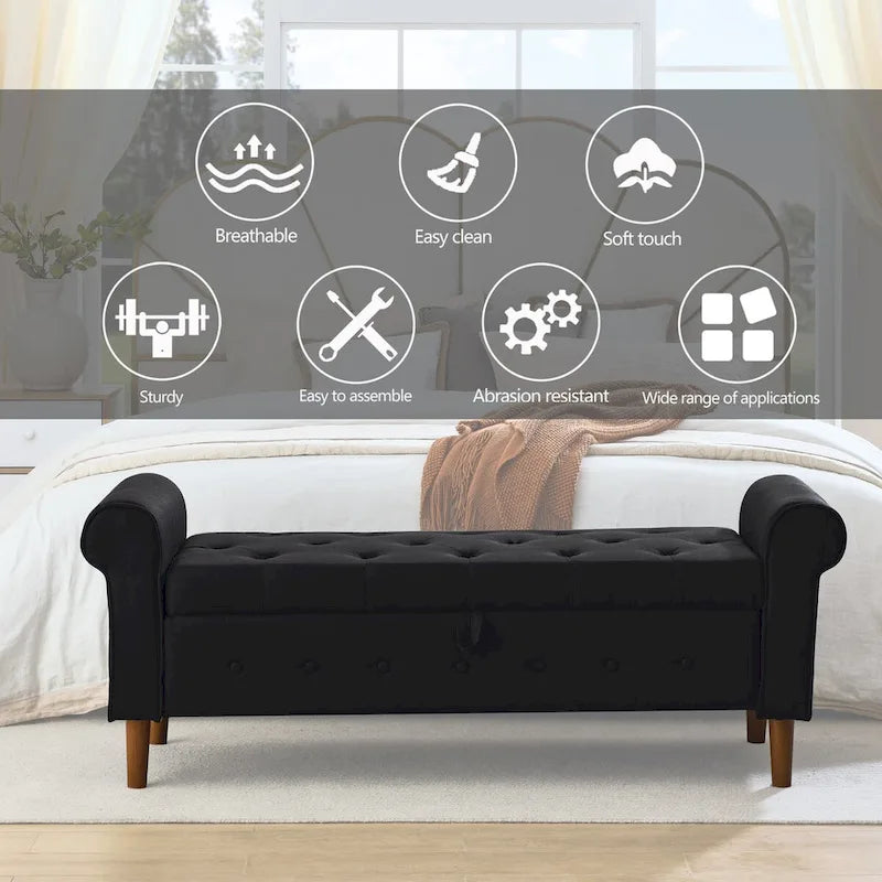 62  Bedroom Tufted Button Storage Bench, Modern Fabric Upholstered Ottoman, Window Bench, Rolled Arm Design for Bedroom