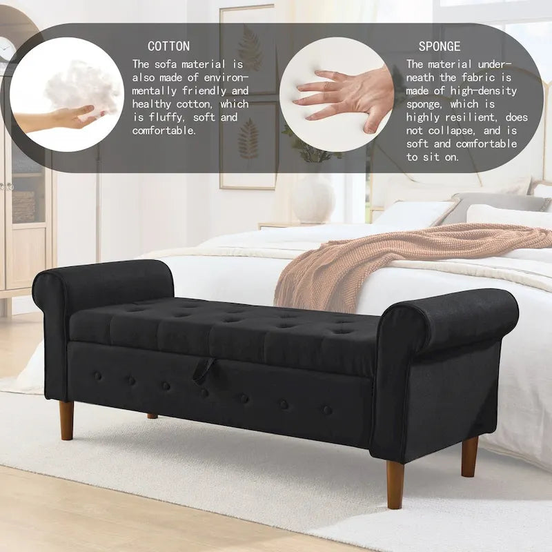 62  Bedroom Tufted Button Storage Bench, Modern Fabric Upholstered Ottoman, Window Bench, Rolled Arm Design for Bedroom