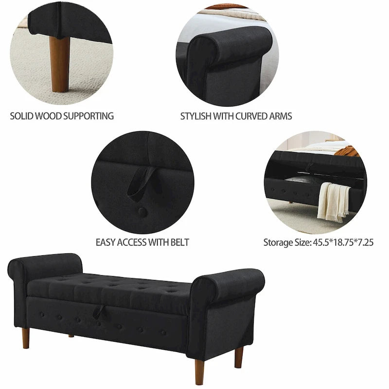 62  Bedroom Tufted Button Storage Bench, Modern Fabric Upholstered Ottoman, Window Bench, Rolled Arm Design for Bedroom