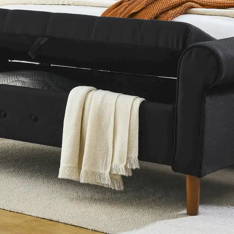 62  Bedroom Tufted Button Storage Bench, Modern Fabric Upholstered Ottoman, Window Bench, Rolled Arm Design for Bedroom